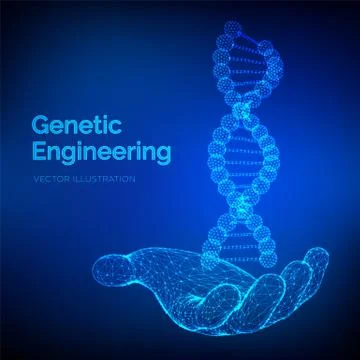 DNA sequence in hand. Wireframe DNA molecules structure mesh. DNA code editab イラスト素材