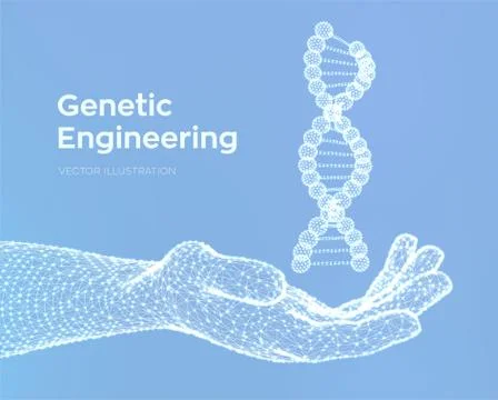 DNA sequence in hand. Wireframe DNA molecules structure mesh. DNA code editab Illustrazione stock