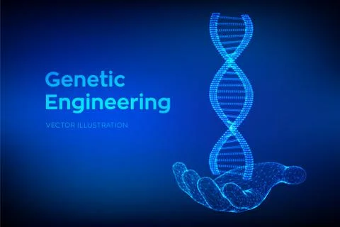 DNA sequence in hand. Wireframe DNA molecules structure mesh. DNA code editab Illustrazione stock