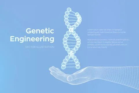DNA sequence in hand. Wireframe DNA molecules structure mesh. DNA code editab Illustrazione stock
