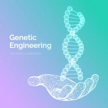 DNA sequence in hand. Wireframe DNA molecules structure mesh. DNA code editab Illustrazione stock