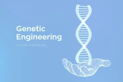 DNA sequence in hand. Wireframe DNA molecules structure mesh. DNA code editab Illustrazione stock