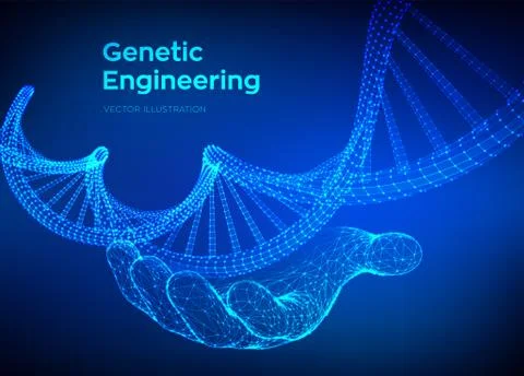 DNA sequence in hand. Wireframe DNA molecules structure mesh. DNA code editab Illustrazione stock