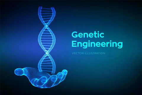 DNA sequence in hand. Wireframe DNA molecules structure mesh. DNA code editab イラスト素材