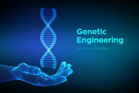 DNA sequence in hand. Wireframe DNA molecules structure mesh. DNA code editab Illustrazione stock