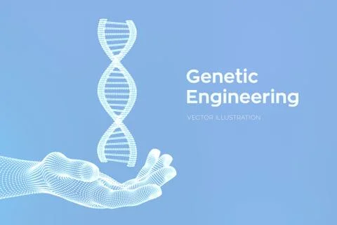DNA sequence in hand. Wireframe DNA molecules structure mesh. DNA code editab Illustrazione stock