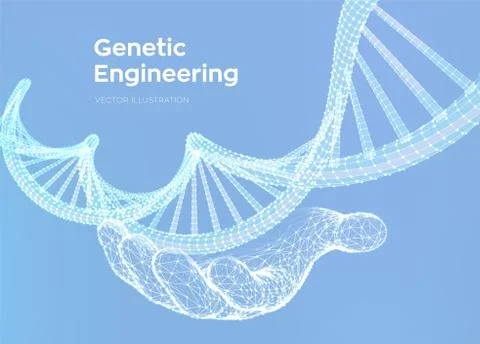DNA sequence in hand. Wireframe DNA molecules structure mesh. DNA code editab Illustrazione stock