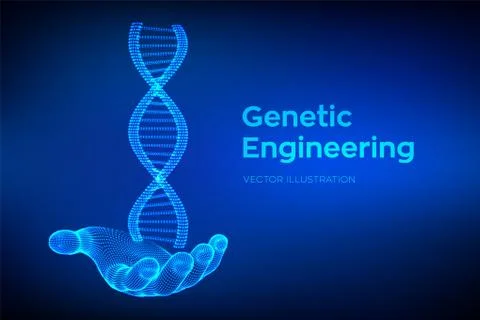 DNA sequence in hand. Wireframe DNA molecules structure mesh. DNA code editab Illustrazione stock