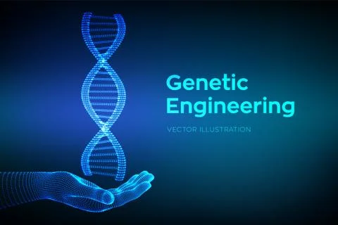 DNA sequence in hand. Wireframe DNA molecules structure mesh. DNA code editab Illustrazione stock