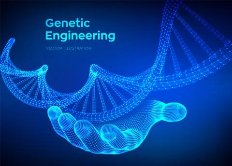 DNA sequence in hand. Wireframe DNA molecules structure mesh. DNA code editab Illustrazione stock