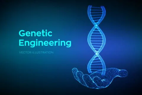 DNA sequence in hand. Wireframe DNA molecules structure mesh. DNA code editab Illustration