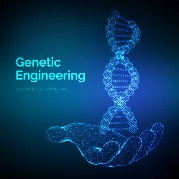 DNA sequence in hand. Wireframe DNA molecules structure mesh. DNA code editab Illustration