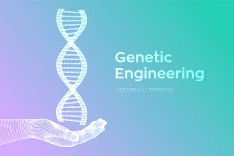 DNA sequence in hand. Wireframe DNA molecules structure mesh. DNA code editab Illustrazione stock