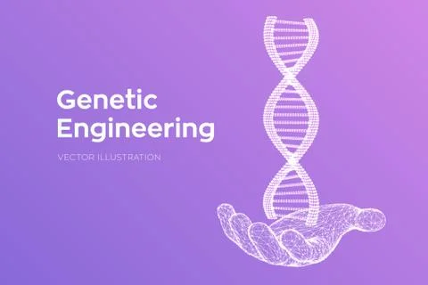 DNA sequence in hand. Wireframe DNA molecules structure mesh. DNA code editab Illustrazione stock