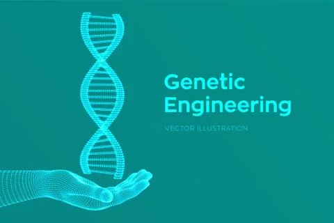 DNA sequence in hand. Wireframe DNA molecules structure mesh. DNA code editab Illustrazione stock