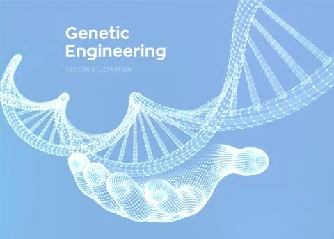 DNA sequence in hand. Wireframe DNA molecules structure mesh. DNA code editab Illustrazione stock