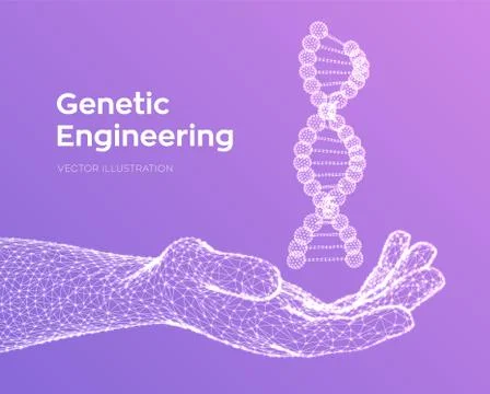 DNA sequence in hand. Wireframe DNA molecules structure mesh. DNA code editab Illustrazione stock