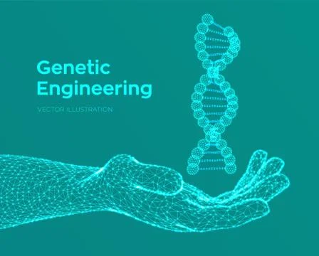 DNA sequence in hand. Wireframe DNA molecules structure mesh. DNA code editab イラスト素材