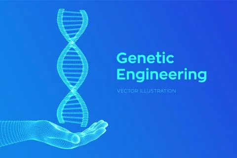 DNA sequence in hand. Wireframe DNA molecules structure mesh. DNA code editab Illustrazione stock