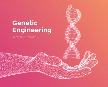 DNA sequence in hand. Wireframe DNA molecules structure mesh. DNA code editab Illustrazione stock