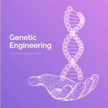 DNA sequence in hand. Wireframe DNA molecules structure mesh. DNA code editab Illustrazione stock