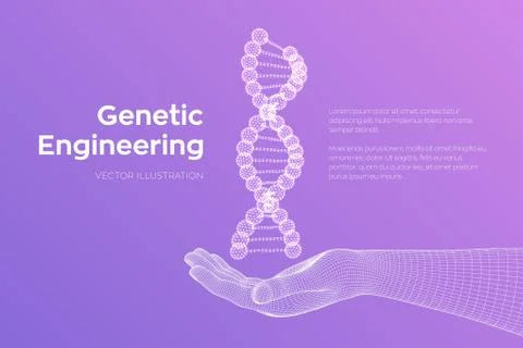 DNA sequence in hand. Wireframe DNA molecules structure mesh. DNA code editab イラスト素材