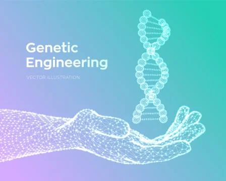DNA sequence in hand. Wireframe DNA molecules structure mesh. DNA code editab イラスト素材