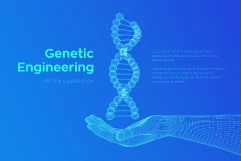 DNA sequence in hand. Wireframe DNA molecules structure mesh. DNA code editab Illustrazione stock