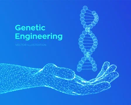 DNA sequence in hand. Wireframe DNA molecules structure mesh. DNA code editab Illustrazione stock