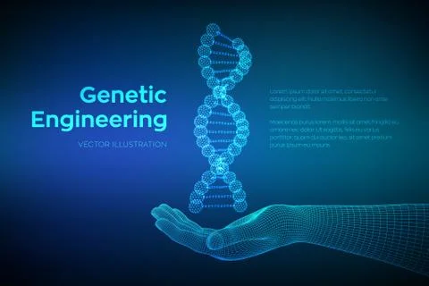 DNA sequence in hand. Wireframe DNA molecules structure mesh. DNA code editab Illustrazione stock