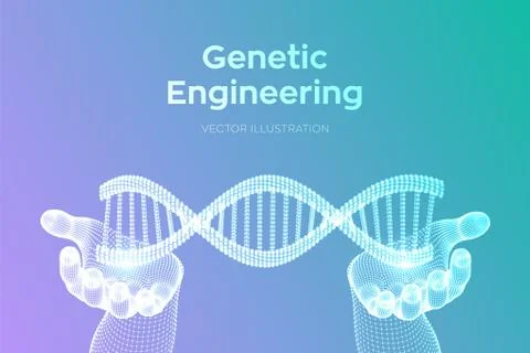 DNA sequence in hands. Wireframe DNA molecules structure mesh. DNA code edita イラスト素材