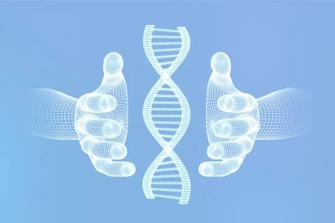 DNA sequence in hands. Wireframe DNA molecules structure mesh. DNA code edita Illustrazione stock