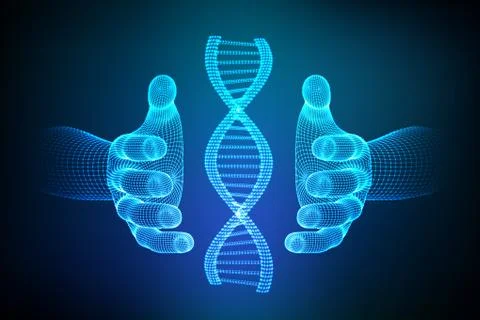 DNA sequence in hands. Wireframe DNA molecules structure mesh. DNA code edita Illustrazione stock