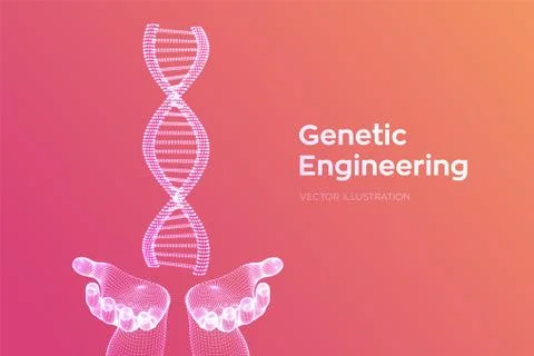 DNA sequence in hands. Wireframe DNA molecules structure mesh. DNA code edita Illustrazione stock