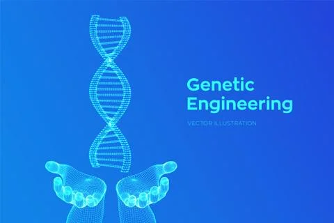 DNA sequence in hands. Wireframe DNA molecules structure mesh. DNA code edita Illustrazione stock