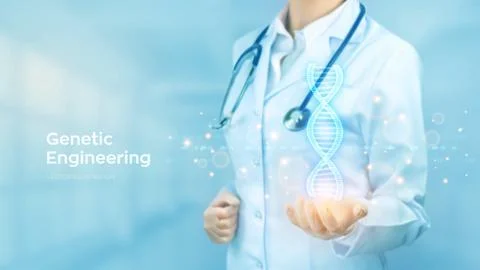 DNA sequence. Wireframe DNA molecules structure mesh. Doctor holding in hand  イラスト素材