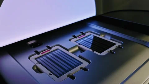 DNA sequencer. Gloved hand is handling flow cell with multiple lanes for DNA Stock Footage 278687281
