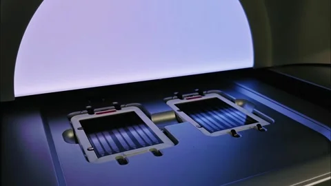 DNA sequencer. Gloved hand is handling flow cell with multiple lanes for DNA 스톡 동영상 279089377