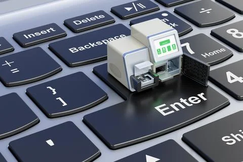 DNA sequencer on laptop keyboard. 3D rendering Stockillustratie