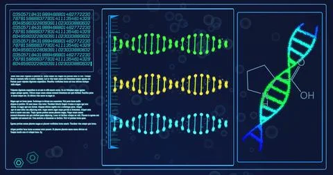 DNA sequences and molecular structure over scientific data and coding イラスト素材
