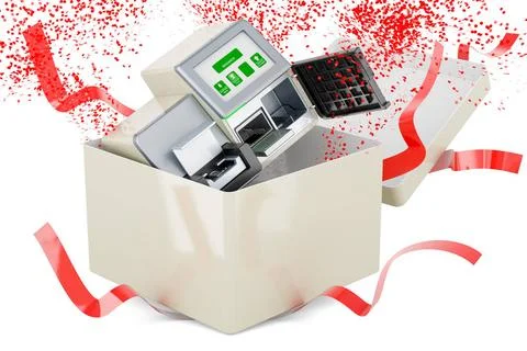 DNA-Sequenzer in Geschenkbox, 3D-Rendering DNA sequencer inside gift box, ... Stock Photos
