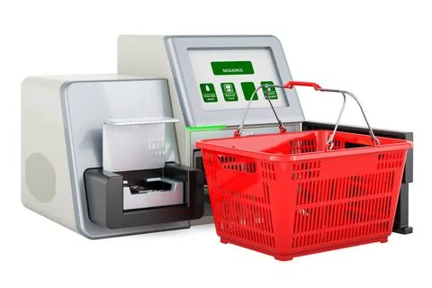 DNA-Sequenzer mit Einkaufskorb. 3D-Rendering DNA sequencer with shopping b... Stock Photos