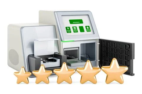 DNA-Sequenzer mit fünf goldenen Sternen. 3D-Rendering DNA sequencer with f.. Stock Photos