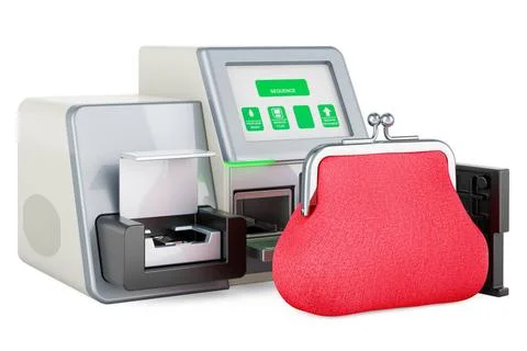 DNA-Sequenzer mit Münzgeldbörse. 3D-Rendering DNA sequencer with coin purs. Stock Photos