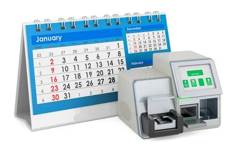 DNA-Sequenzer mit Tischkalender. 3D-Rendering DNA sequencer with desk cale... Stock Photos
