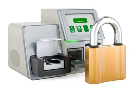DNA-Sequenzer mit Vorhängeschloss. 3D-Rendering DNA sequencer with padlock.. Stock Photos