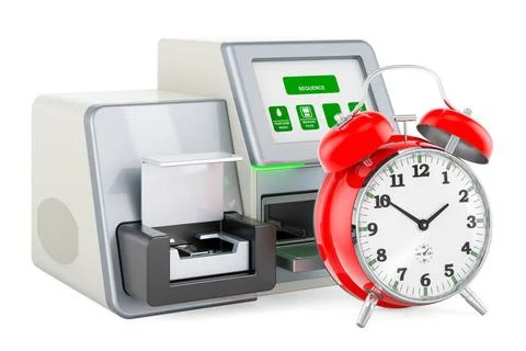 DNA-Sequenzer mit Wecker, 3D-Rendering DNA sequencer with alarm clock, 3D ... Stock Photos
