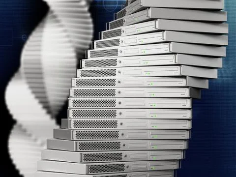 DNA shaped data server units on dark background. 3D illustration Stock Illustration