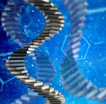 DNA shaped stack of books on blue background. 3D illustration Illustrazione stock