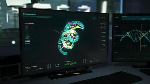 The DNA spiral helix visualisation software is used for scientific research Stockbeeldmateriaal 252492162